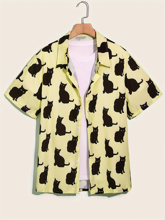 Cat Print Men's Casual Short Sleeve Shirt for Summer Vacation Resort