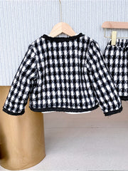 Girl's Houndstooth 2pcs Button Front Coat & Skirt Set Outfits
