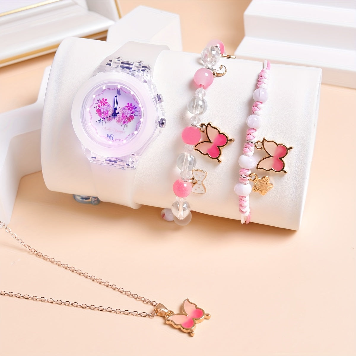 Butterfly Girl Watch Set LED Light Up Quartz Wristwatch