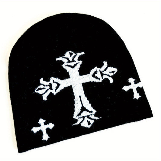 Gothic Cross Jacquard Beanie Vintage Unisex Warm Knit Hat