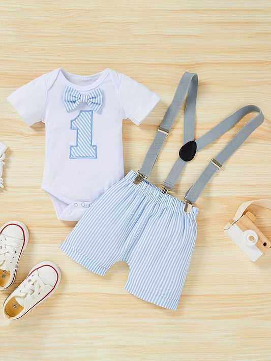 Baby Boy 1st Birthday Outfit Funny Cartoon Graphic Bow Tie Romper & Bib Pants