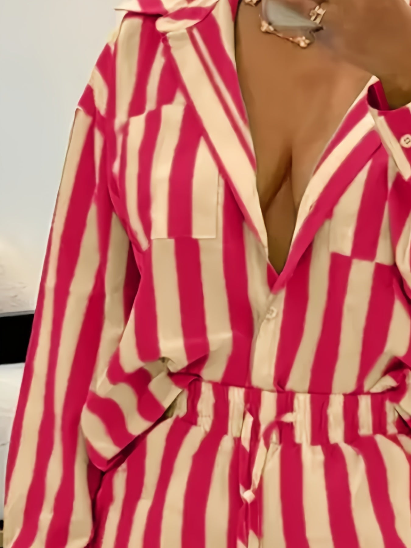  Stripe Print Shirt Top & Shorts Set