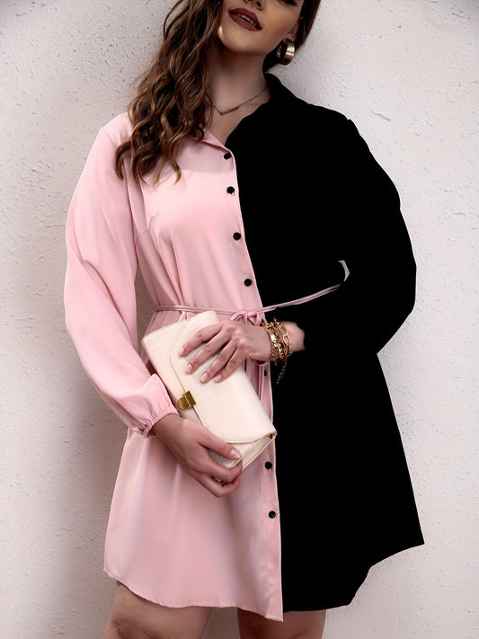 Colorblock Button Up Lantern Sleeve Casual Blouse