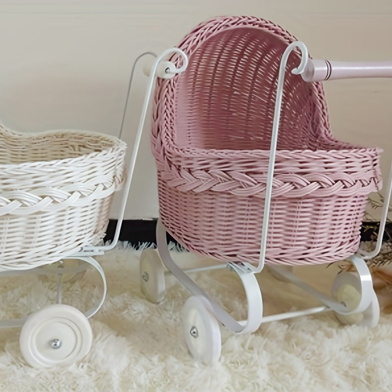 Hand Woven Rattan Toy Cart for Pets - All Seasons, Washable, Iron Frame