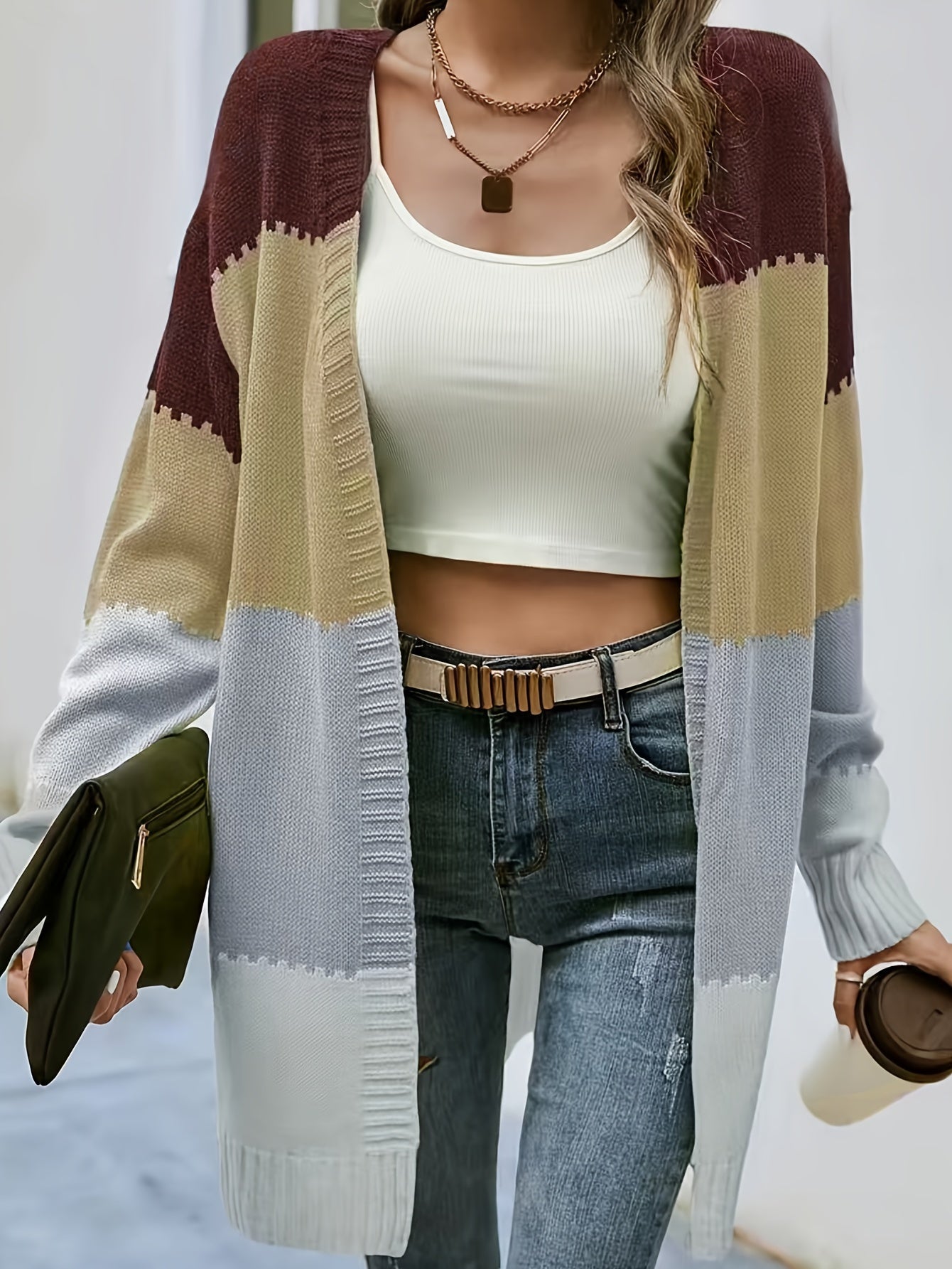  Colorblock Open Front Cardigan