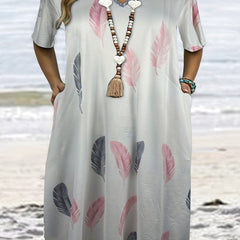 Feather Print Short Sleeve Dress With Pockets