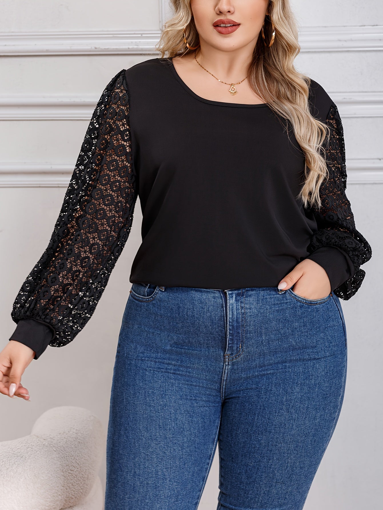  Lace Sleeve Round Neck Top