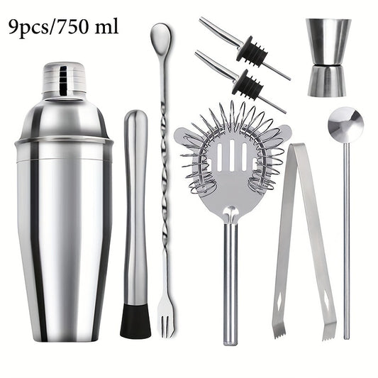 9pcs Bartender Kit 750ml Stainless Steel Cocktail Shaker Set for Bar Pub Club