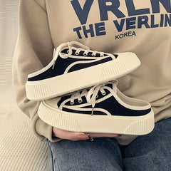 Women's Mule Sneakers Lace Up Canvas Shoes Platform Walking Shoes