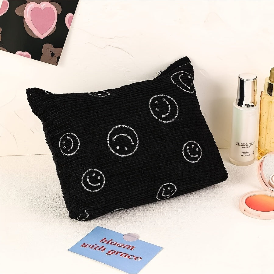Smile Face Makeup Bag Large Capacity Corduroy Toiletry Organizer