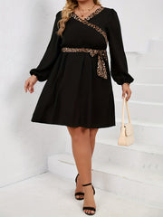 Colorblock Leopard Print Long Sleeve Belted Dress Women's Plus Medium Stretch