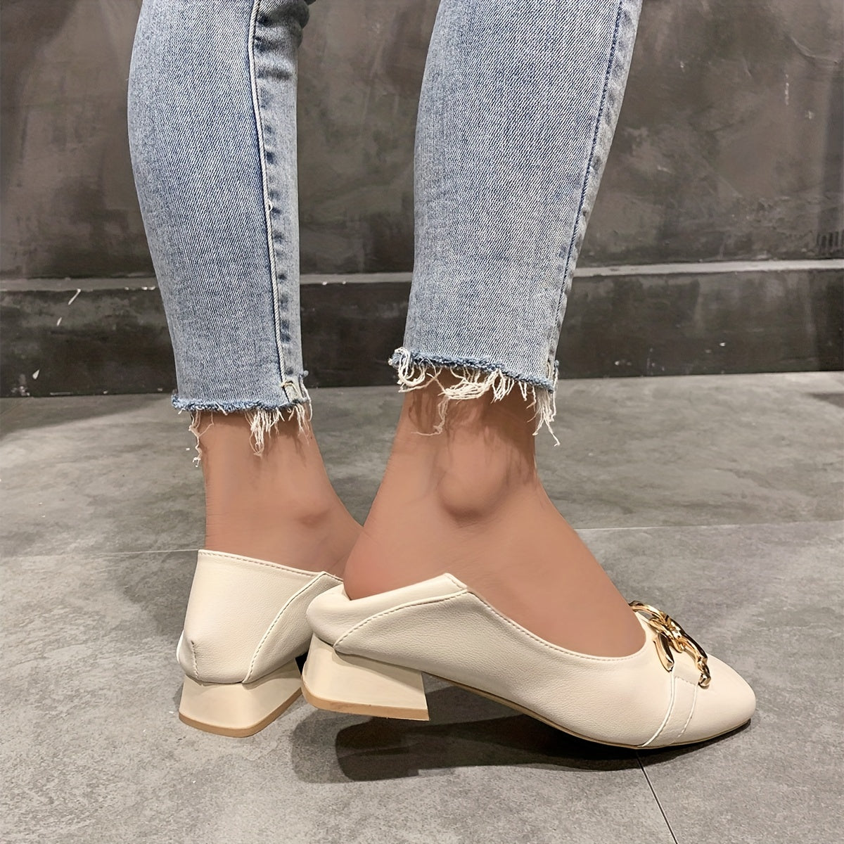 Low Heel Square Toe Buckle Flat Shoes for Work