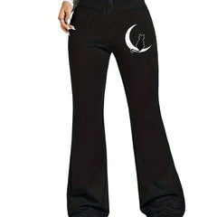  Cat & Moon Print Flared Leg Drawstring Skinny Pants