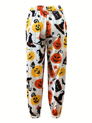  Halloween Pumpkin Print High Rise Tapered Leg Pants
