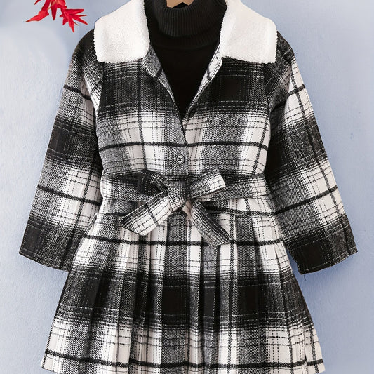 Girls Fleece Collar Plaid Style Open Front Dress