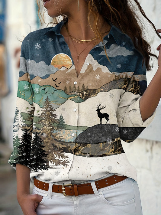  Painting Print Button Up Long Sleeve Blouse