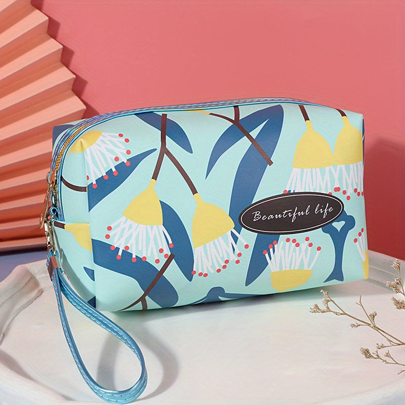 Flower Print Makeup Bag Large Capacity Travel Toiletry Bag with Wrist Strap