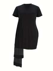 Plus Solid Short Sleeve Casual Dress with Contrast Layer