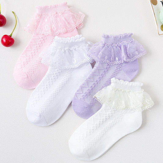Girls Ruffle Lace Trim Ankle Cotton Socks, 4 Pairs