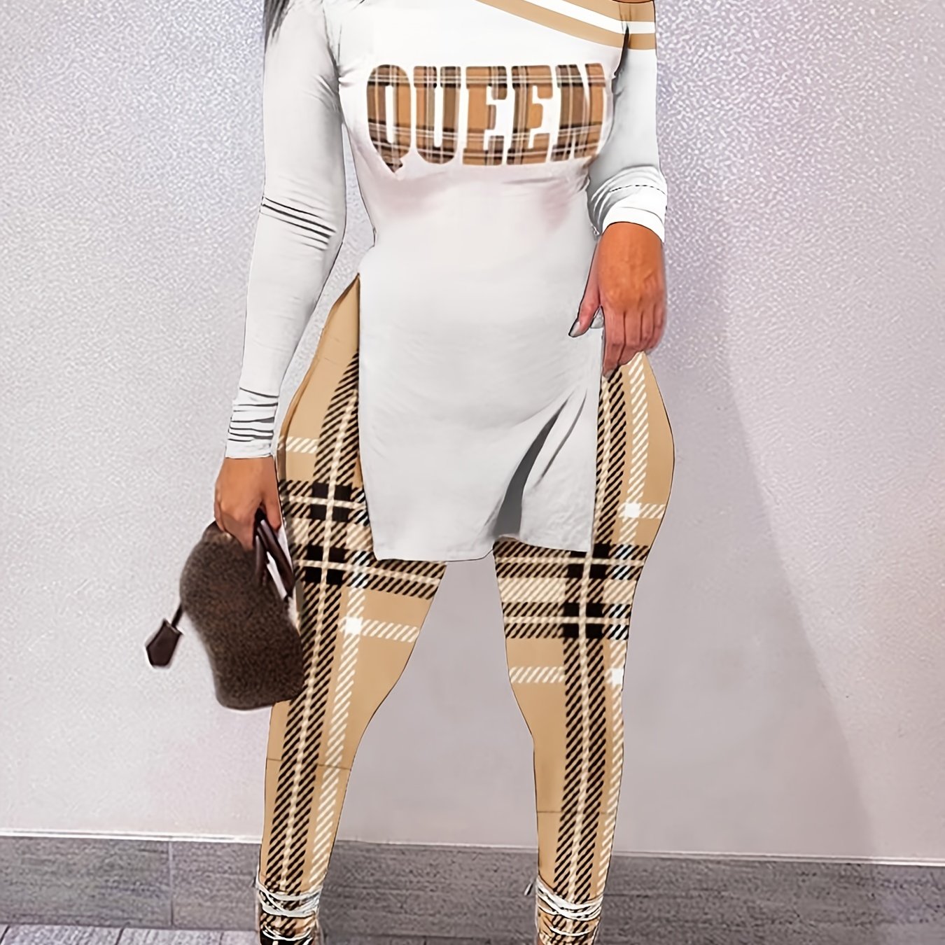 Irregular Bodycon Two piece Set Letter Print Long Sleeve Tops & Plaid Pants