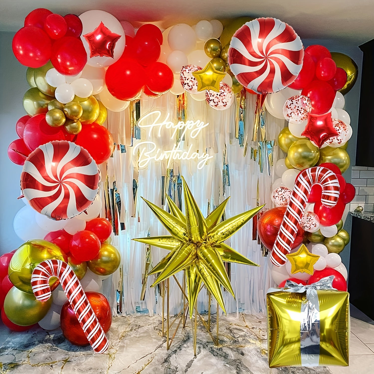 128pcs Christmas Balloon Garland Kit Red Candy Balloons Golden Star Foil