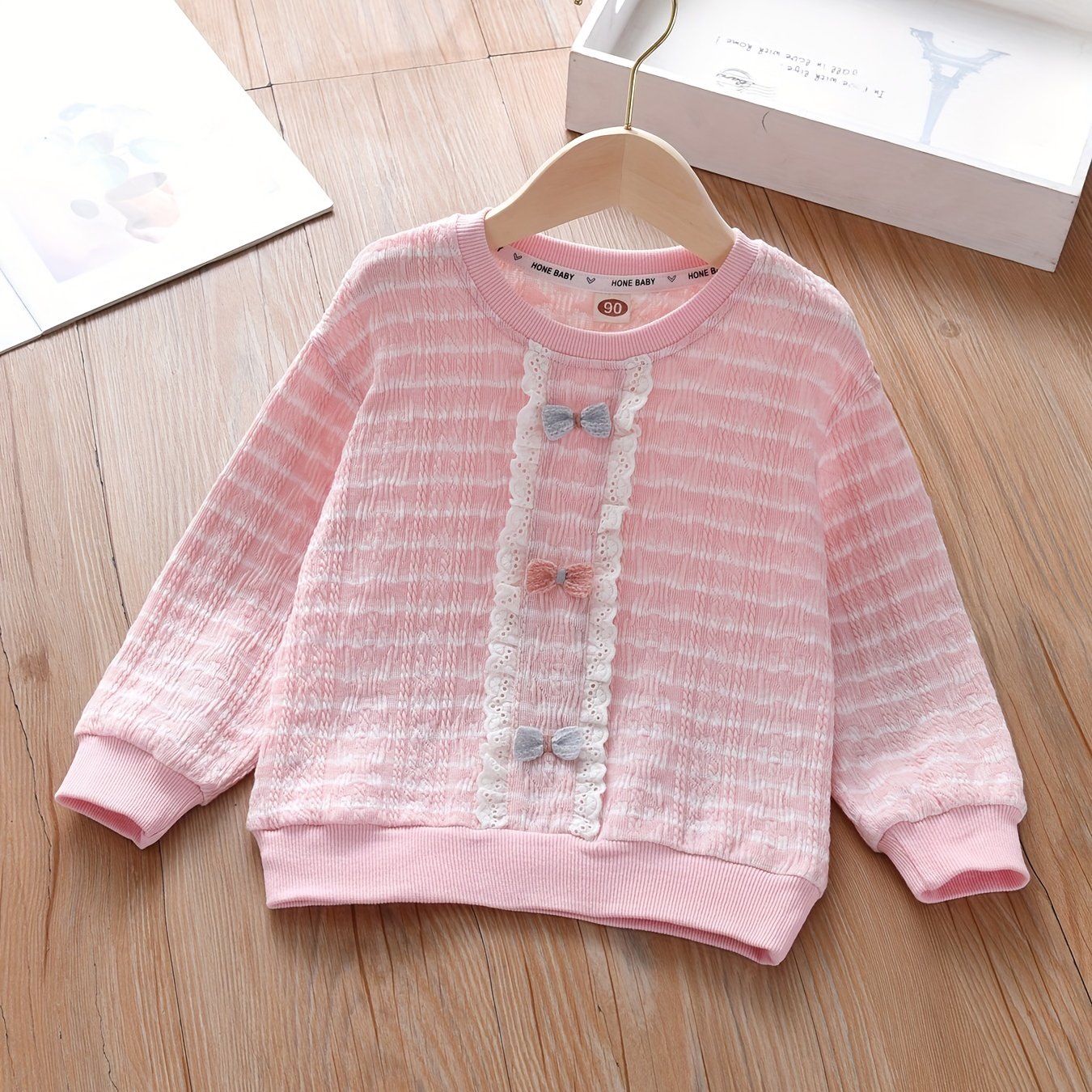 Girls' Lace Bow Front Crew Neck Pullover Sweatshirt Top
