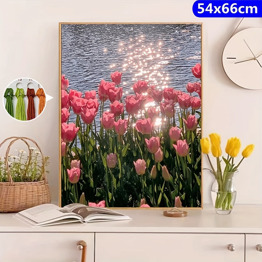 Pink Tulips By The Lake Cross Stitch Kit