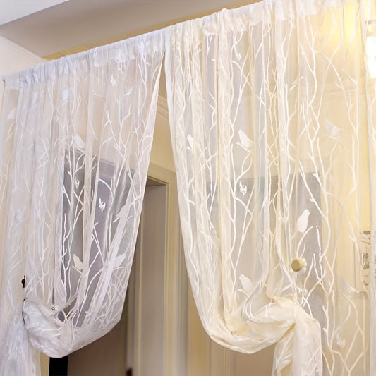 Bird Pattern Lace Curtain with Rod Pocket for Sliding Glass Doors