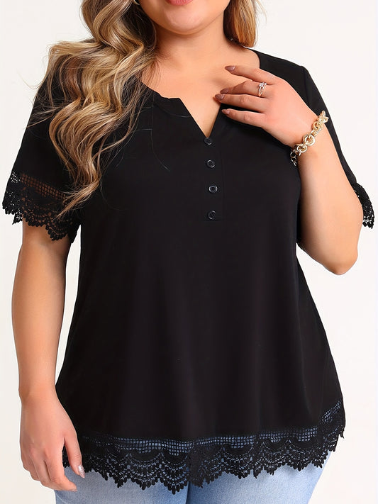 Eyelet Embroidered Plus Size Casual Top with Notched Neck