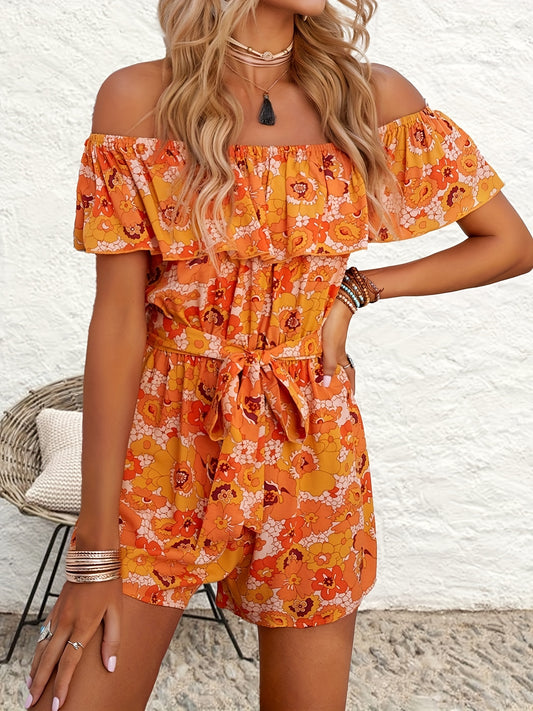 Floral Off Shoulder Jumpsuit Tie Front Romper