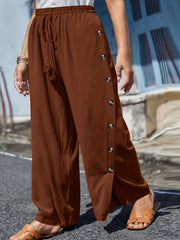  Boho Pants Women's Plus Solid Button Wide Leg Split Drawstring