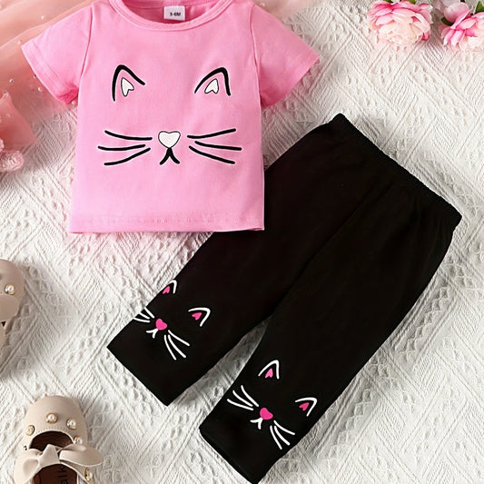 2pcs Baby Girls Cat Print T shirt & Pants Set