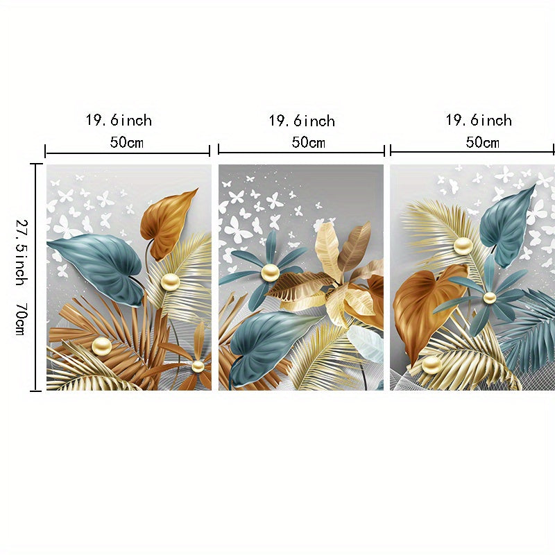 3pcs Butterfly Golden Leaves Canvas Wall Art