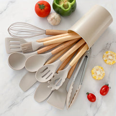 12pcs Silicone Utensil Set Khaki Kitchen Utensil Set With Wooden Handle