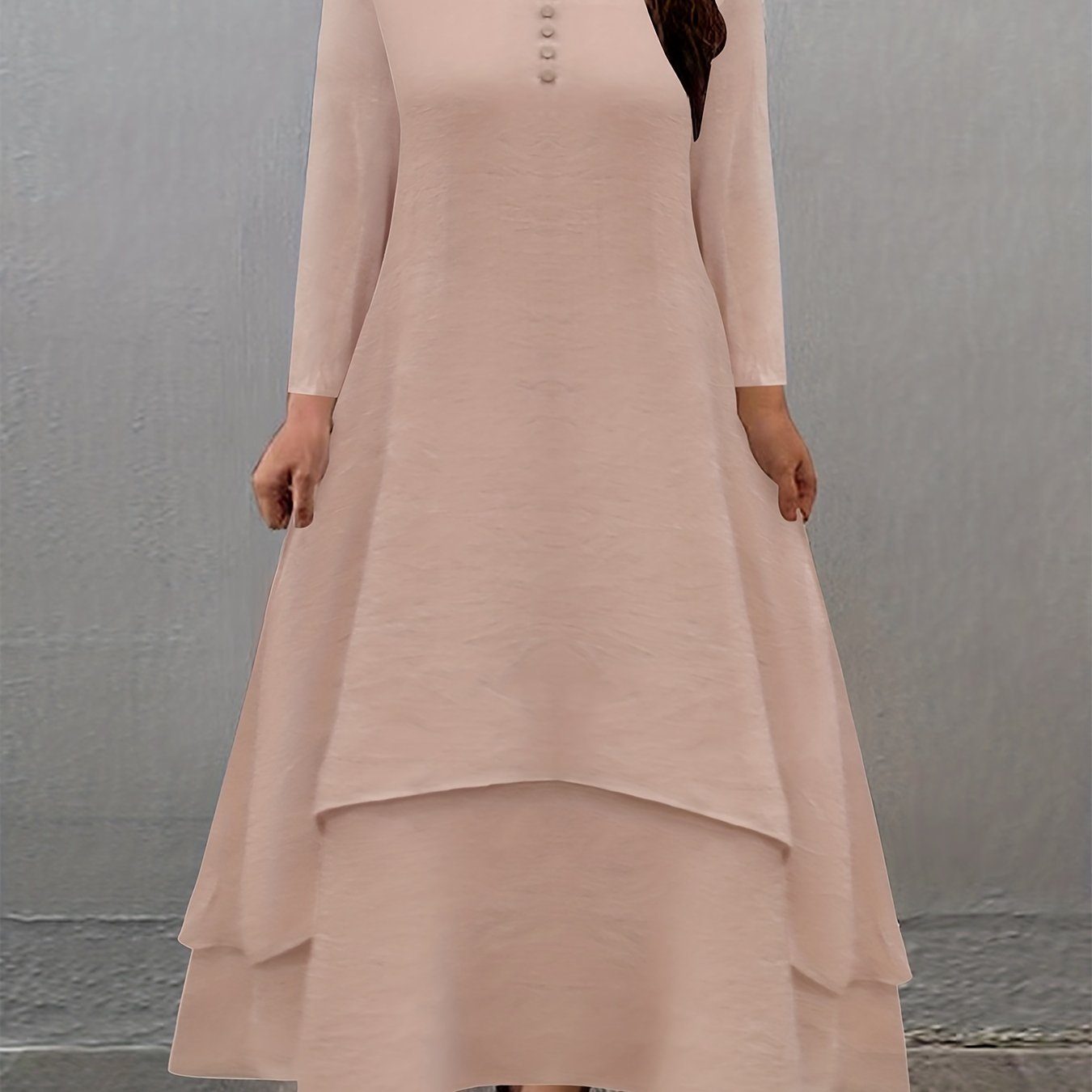  Solid V Neck Maxi Dress Long Sleeve Button Decor