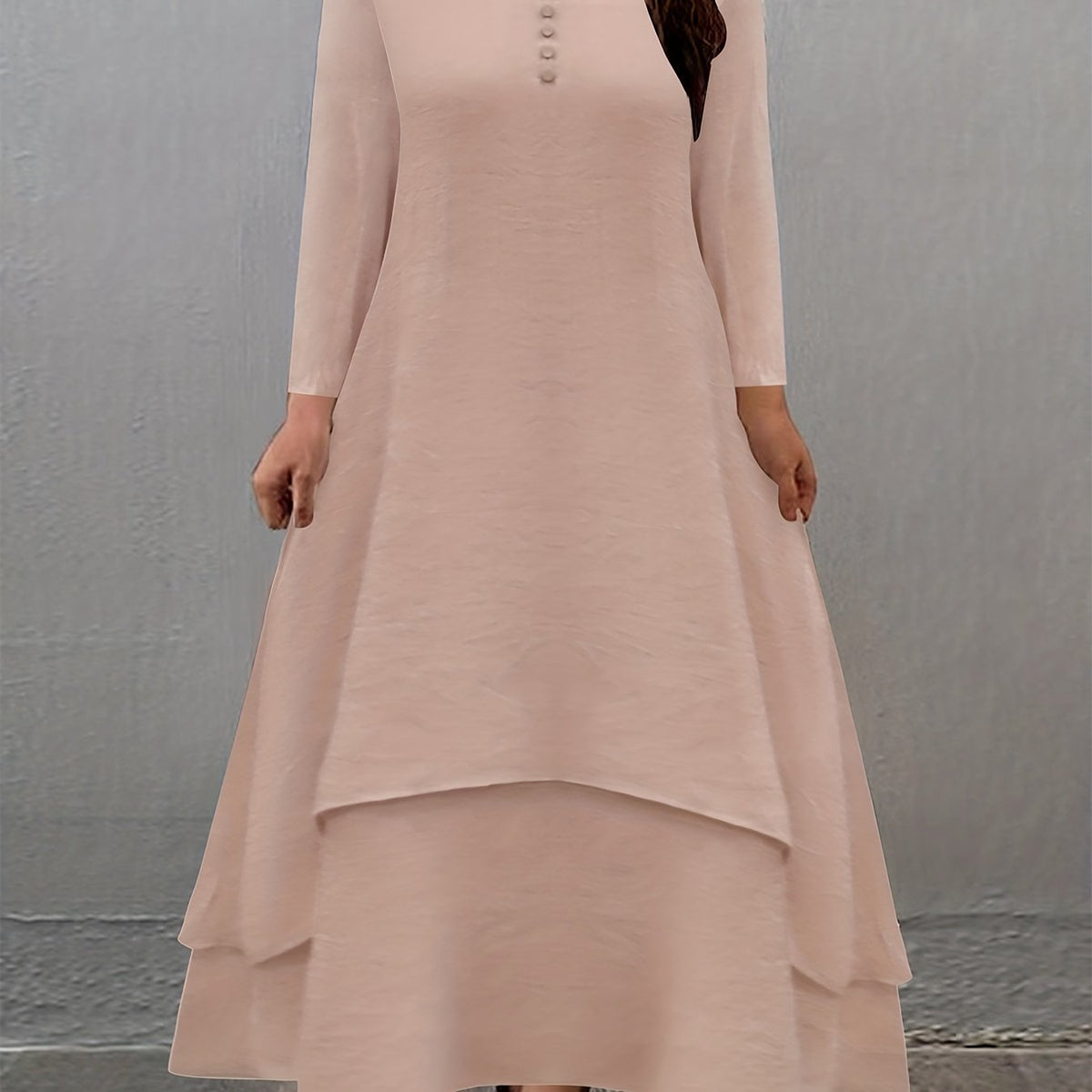 Solid V Neck Maxi Dress Long Sleeve Button Decor