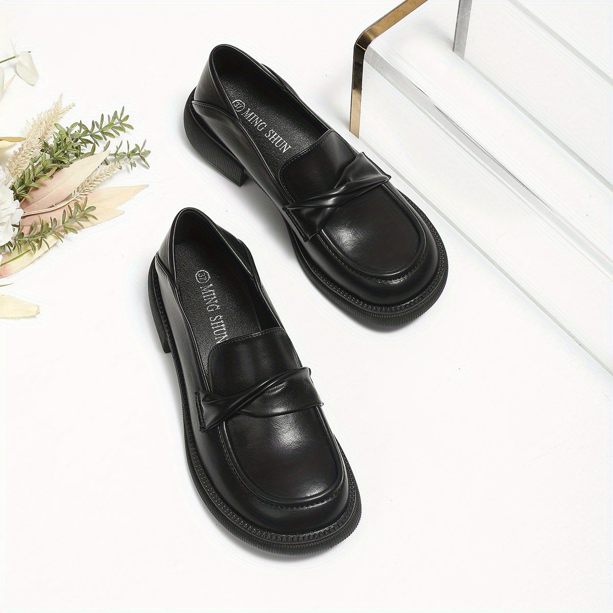 Women's Chunky Loafers Round Toe Slip On Shoes