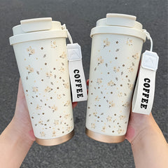 530ml Insulated Steel Coffee Cup Floral Rope Handle Hot & Cold Drinks