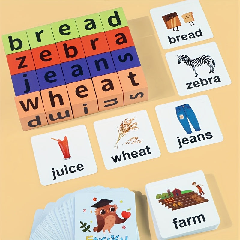 Word Race Cube Game Educational Toy with Wooden Blocks & Alphabet Cards