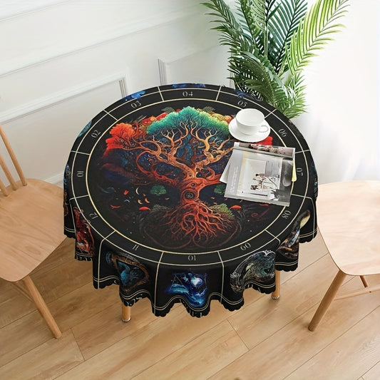 Round Polyster Table Cloth Tree Of Life Pattern Water Repellent Circle Table Cov