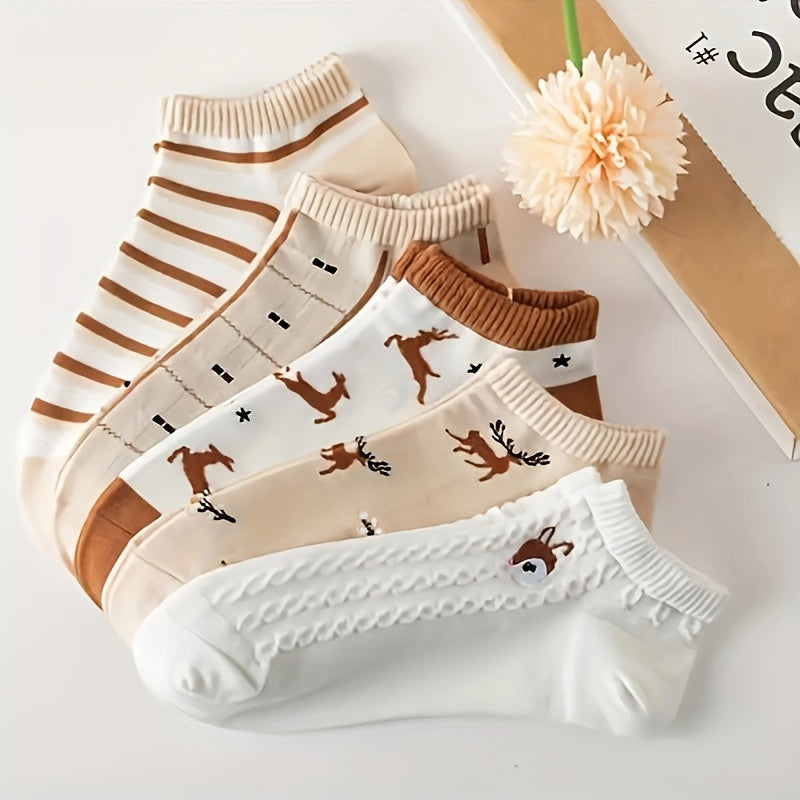 5 Pairs Harajuku Cartoon Deer Ankle Socks Women's Stockings & Hosiery