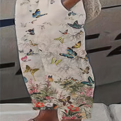  Butterfly Print Straight Leg Pants With Pockets