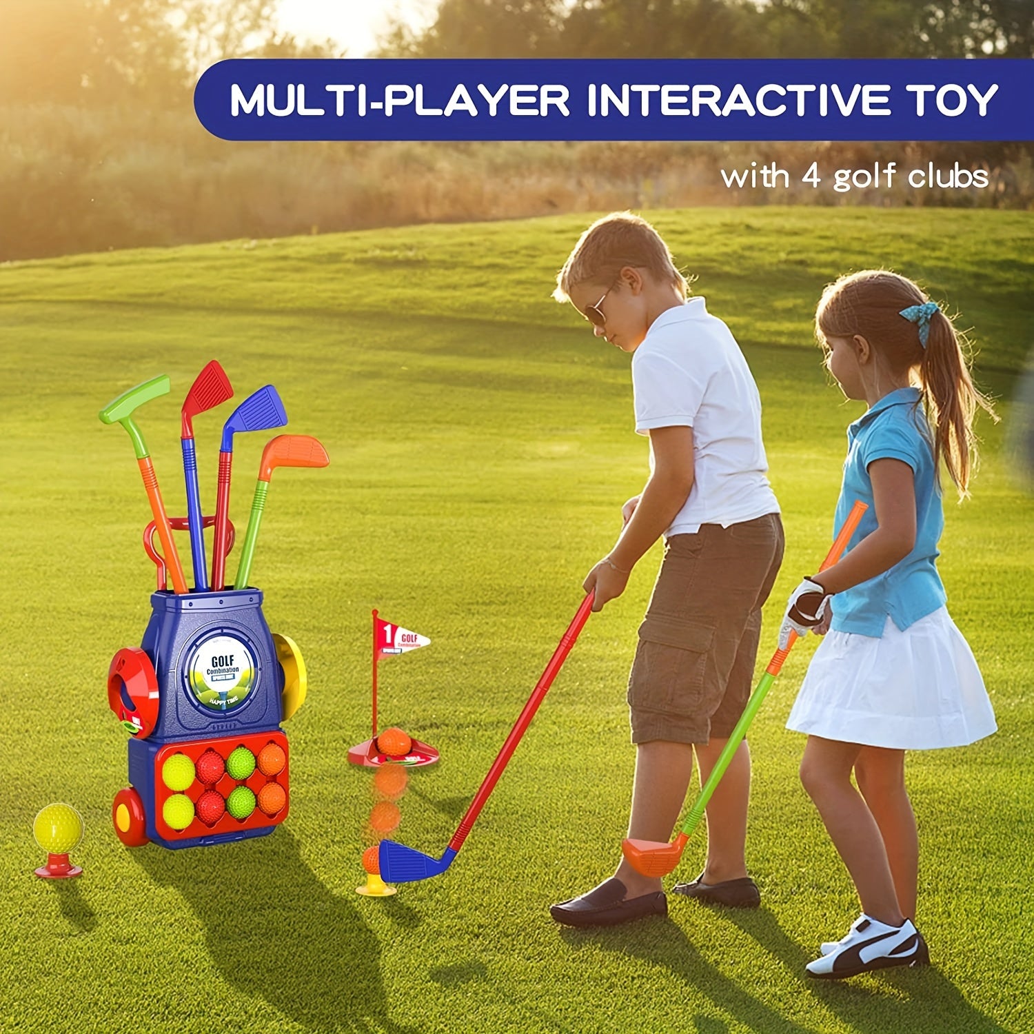 Kids Golf Set with Cart, Balls, Cornhole Board, Putting Mat