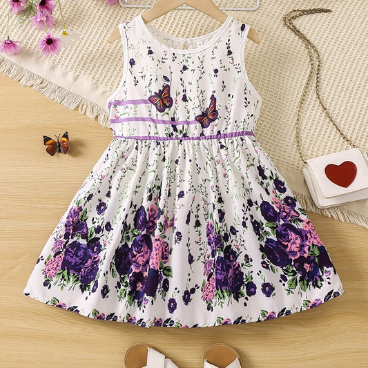 Girls' Rose And Butterfly Graphic Sleeveless Summer Dress