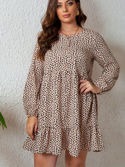  Dot Print Lantern Sleeve Round Neck Dress