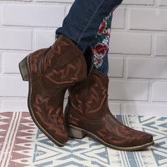 Women's V Cut Western Short Boots Low Chunky Heel Pointed Toe Shoes