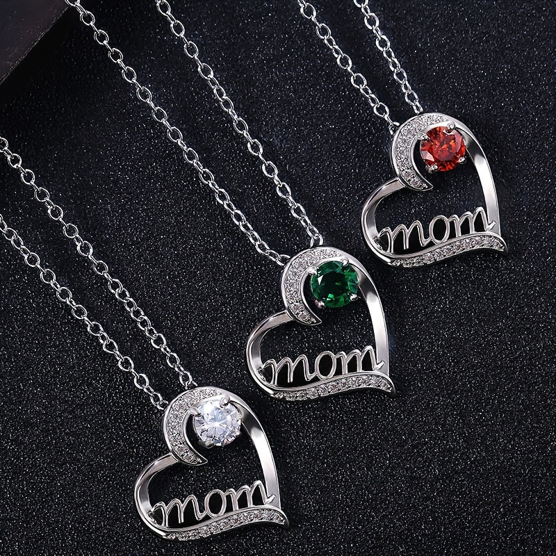 Heart Shape Rhinestone Mom Pendant Necklace Mother's Gift For Women