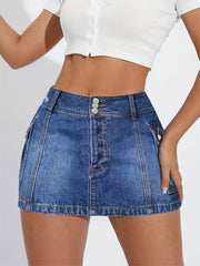 High Waist Denim Skirt with Flap Pockets