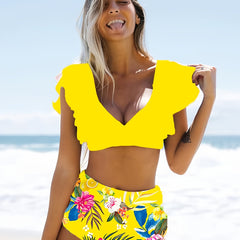 Floral Ruffled Strap Bikini Set High Waist Swimsuit