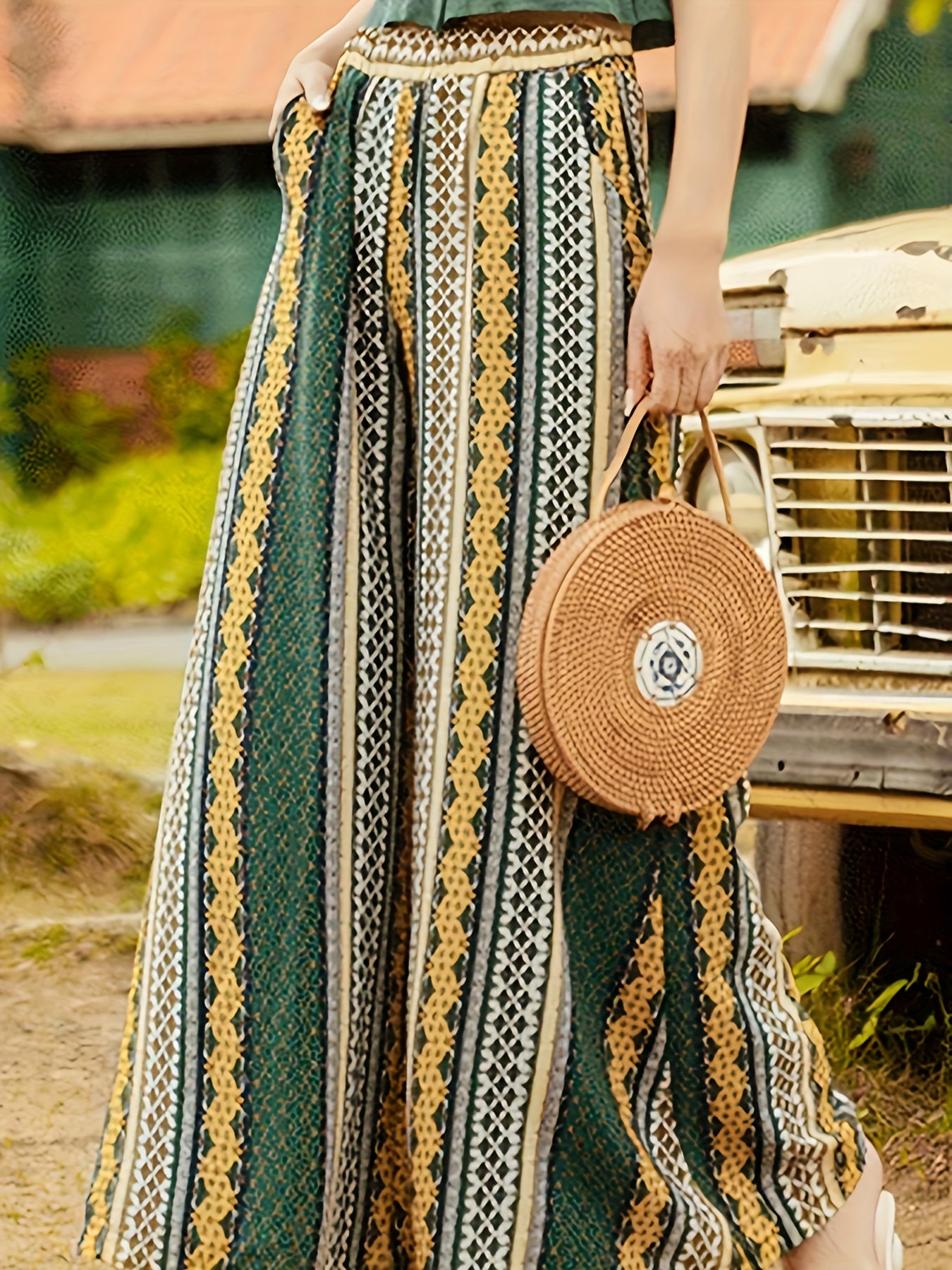 Boho Patchwork High Rise Wide Leg Trousers Plus Size